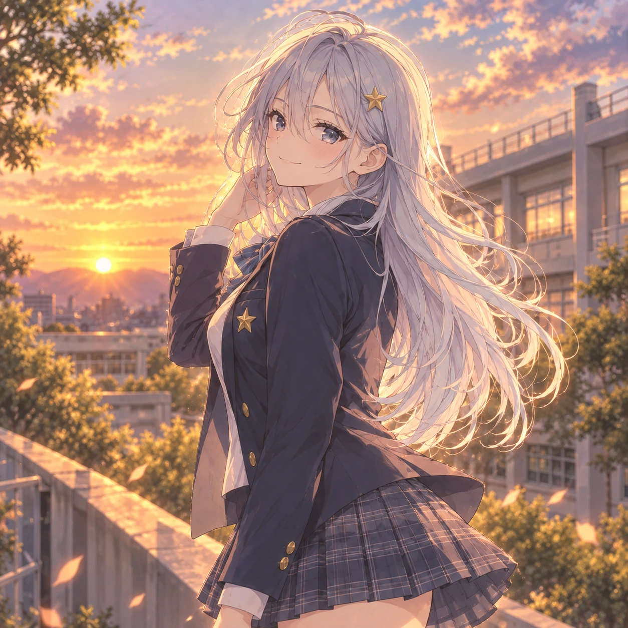 夕焼けの中で振り返る銀髪の女性キャラクターのイラスト
