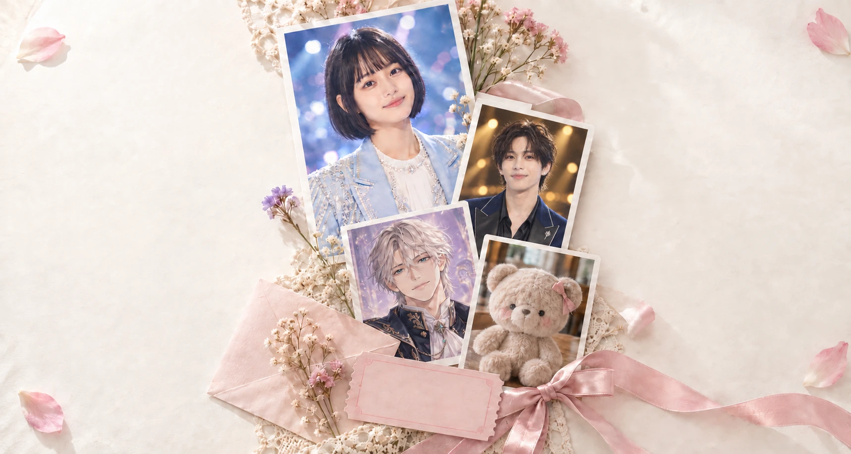 女性・男性アイドル、2次元キャラクター、ぬいぐるみの写真を並べたコラージュ
