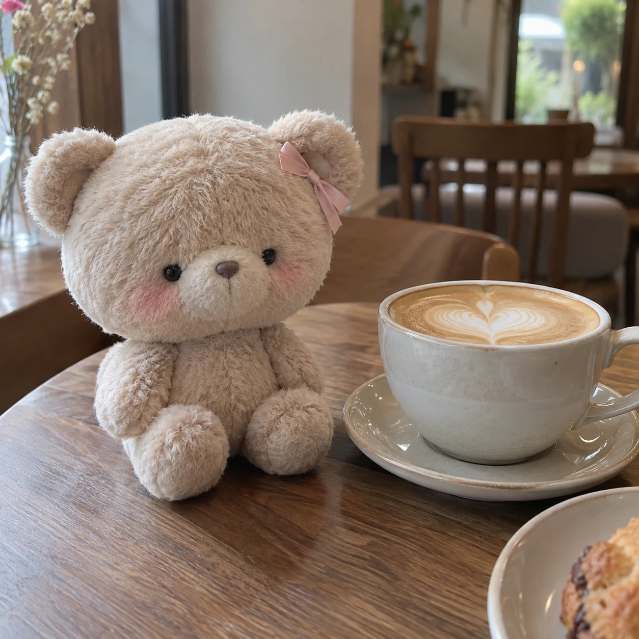 カフェでラテと並んだくまのぬいぐるみ